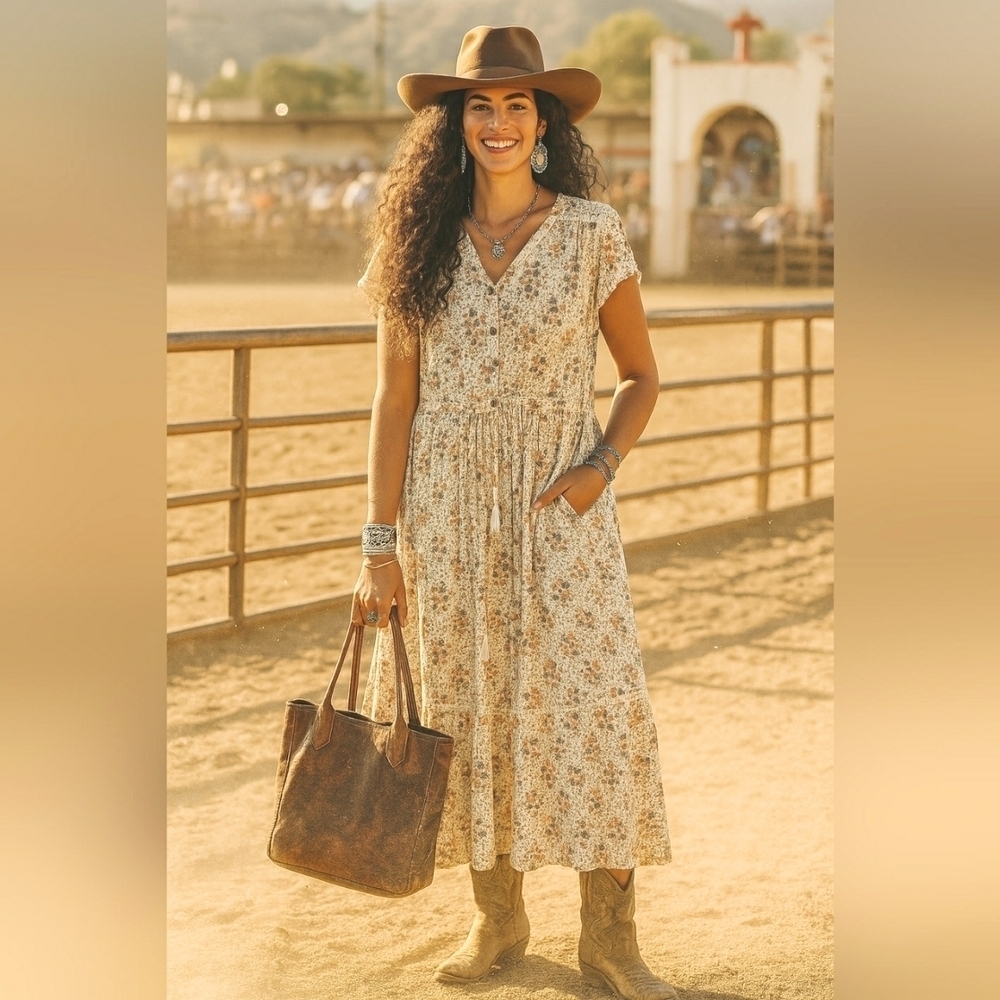 Coastal Cowgirl Maxi Dress Boho Gypsy Cottage Farm 1X Cotton Lace Floral